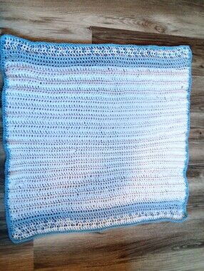 Handmade White and Light Blue Crochet Baby Blanket